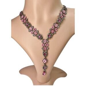 Vintage Designer Y-Drop Pink Flowers Rhinestones Gunmetal Negligee Necklace